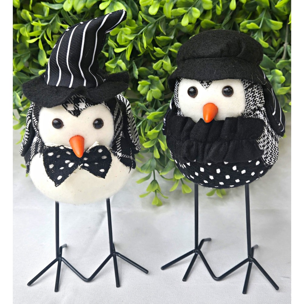 Lot of 2 Halloween Fabric Birds Black White Witch Hat Bow Tie Figurines